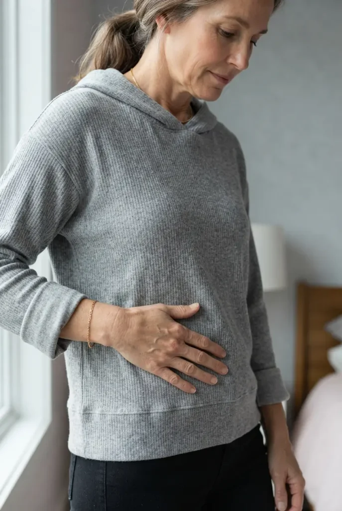 Close-up of a grey hoodie hem at the hip and a folded cuff at the wrist bone