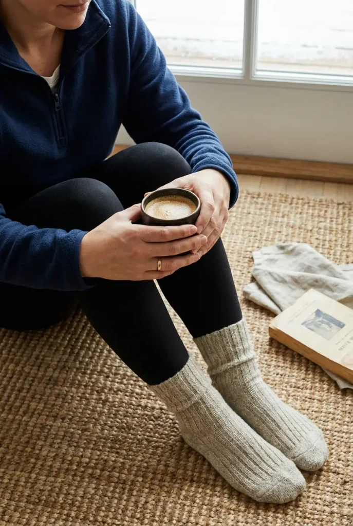 Close-up of a navy half-zip fleece, fleece-lined leggings, and wool socks on a cozy fall morning