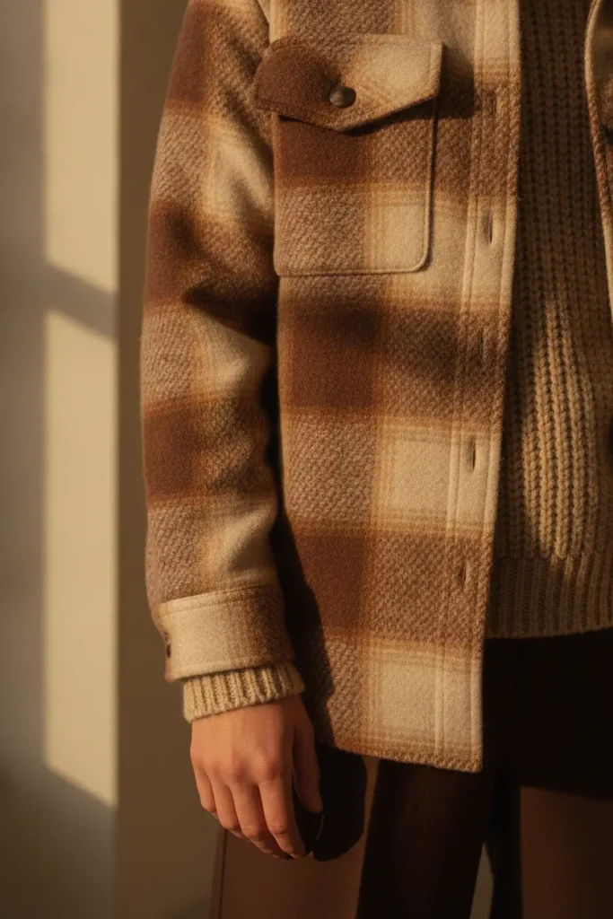 Close up of a plaid shacket layered over a chunky knit with wide leg trousers