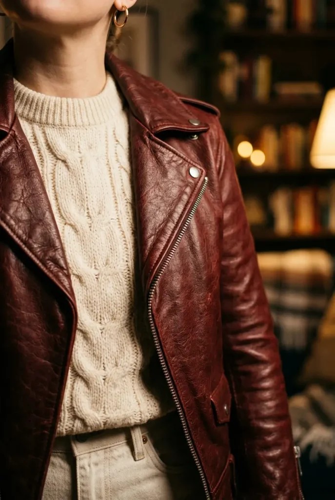 Close up of an oxblood leather jacket collar over a cream knit and ecru jeans
