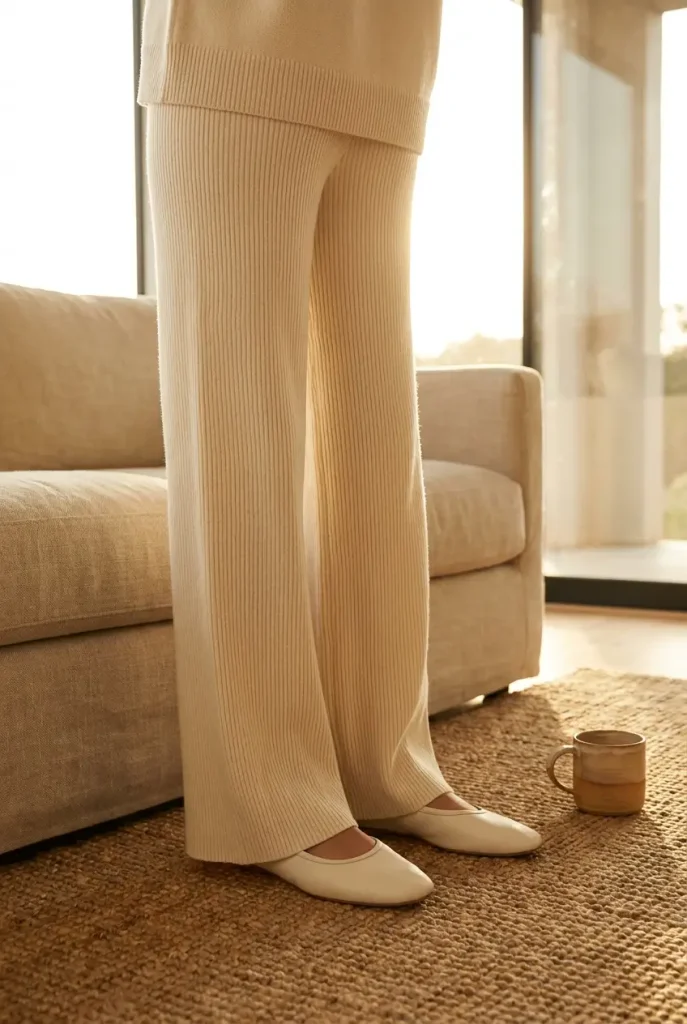 Close up of cream knit wide leg lounge pants with ivory ballet flats on a jute rug