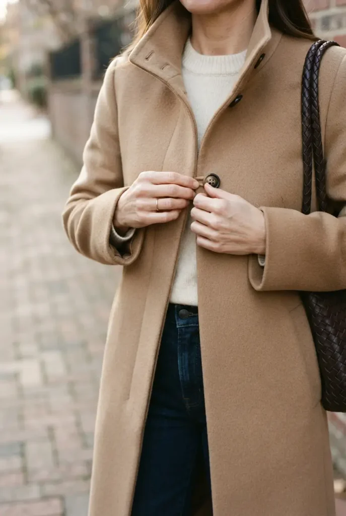 Close-up of hands buttoning a camel funnel-neck coat over a cream sweater, a midsize fall outfit detail