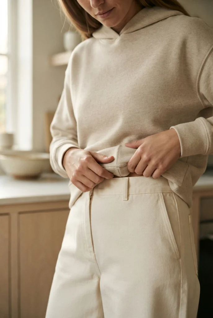 Close-up of hands half-tucking an oat hoodie into wide-leg trousers