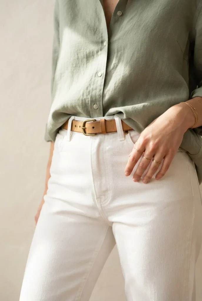 Close-up of sage green linen shirt half-tucked into white jeans with tan belt