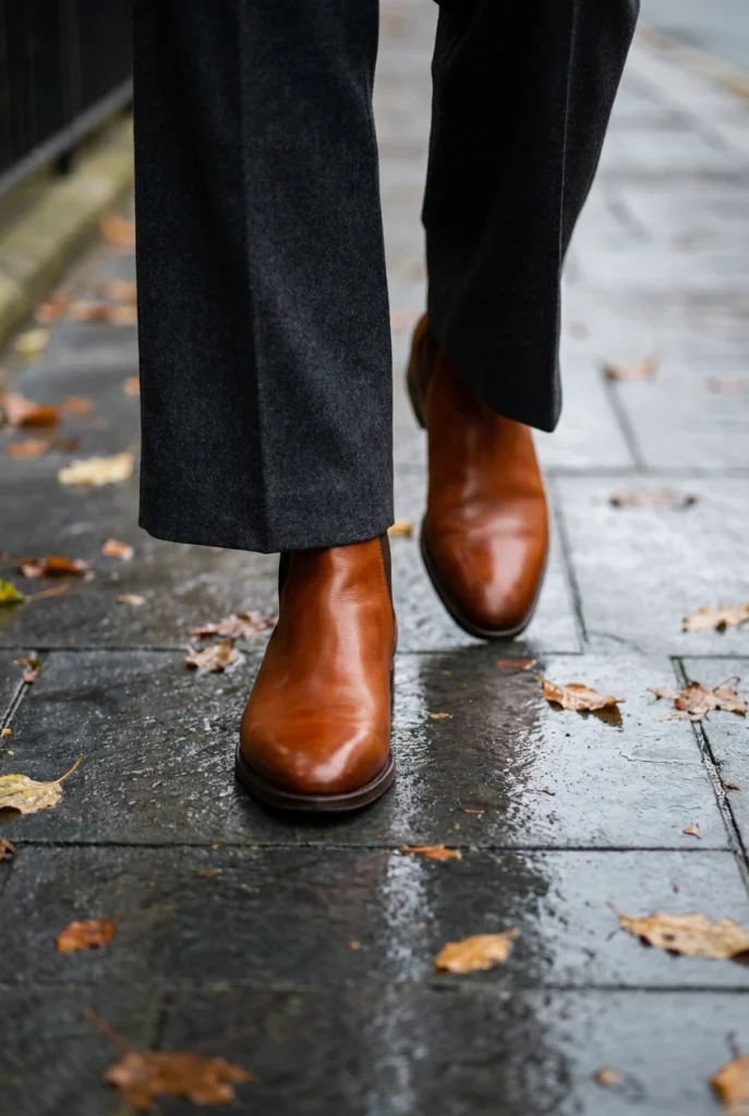 Cognac ankle boots with gray trousers, brown as the single warm accent