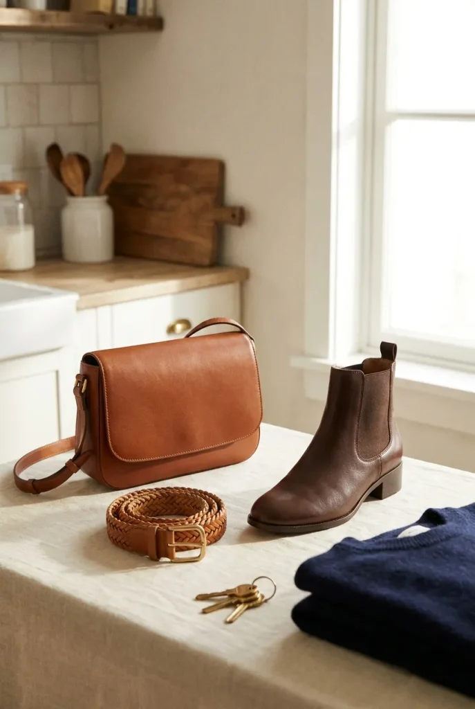 Cognac bag, tan belt and chocolate ankle boot arranged as a brown accessory triangle.. Brown Outfits for Plus-Size Women