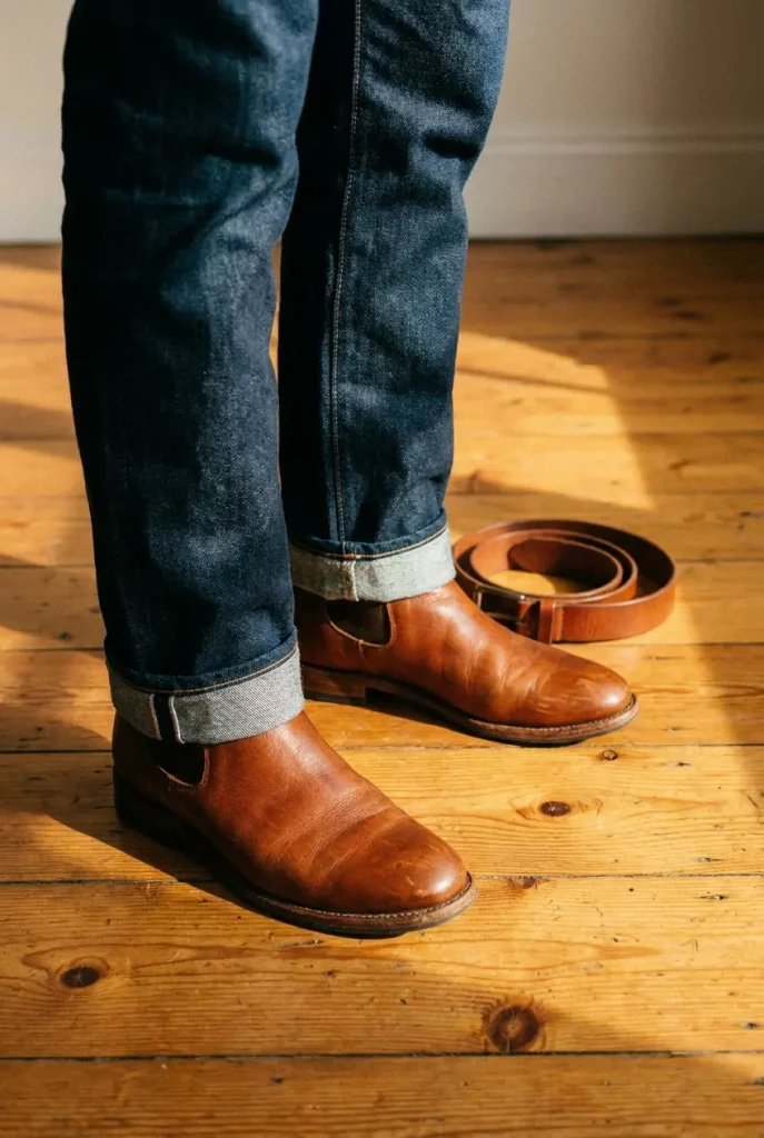 Cognac leather ankle boots worn with dark indigo straight-leg jeans