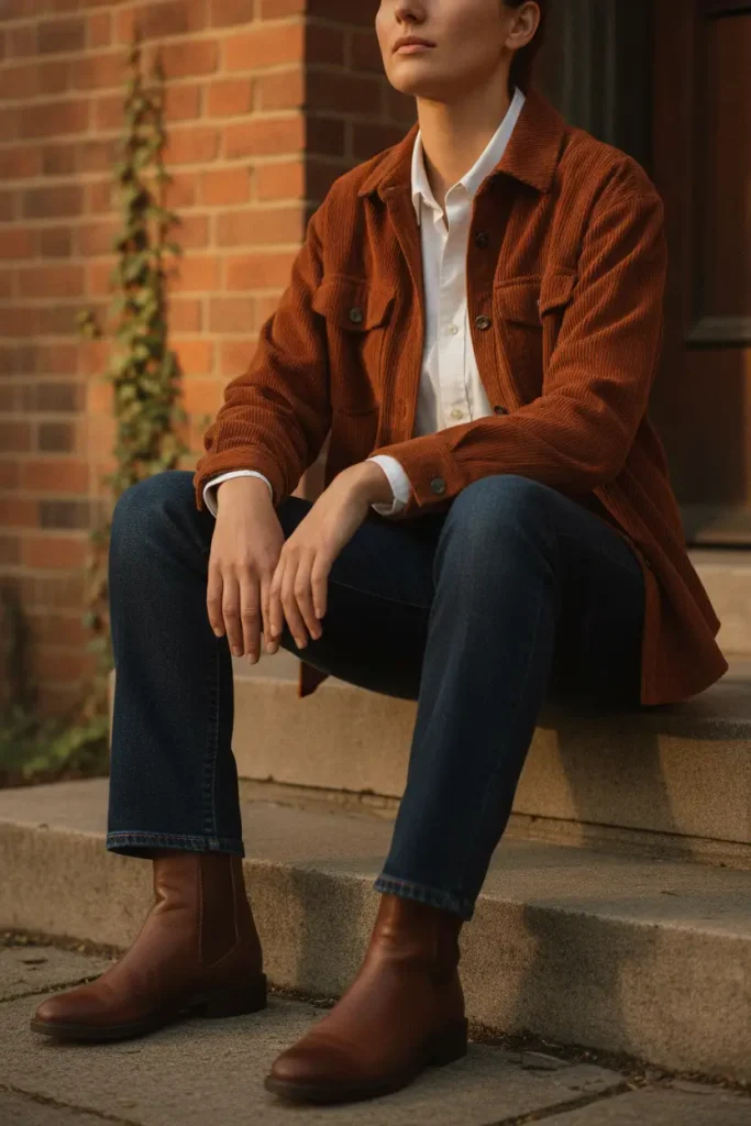 Corduroy shacket outfit with a white button down and dark rinse straight jeans