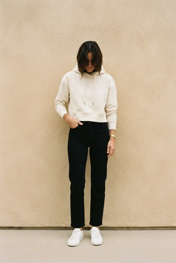 Cream cropped hoodie over black high-rise straight-leg jeans and white sneakers