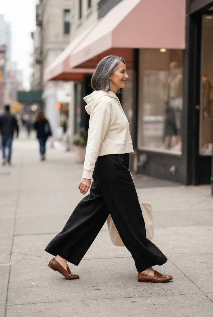 Cream cropped hoodie with black wide-leg trousers and loafers, full length street look