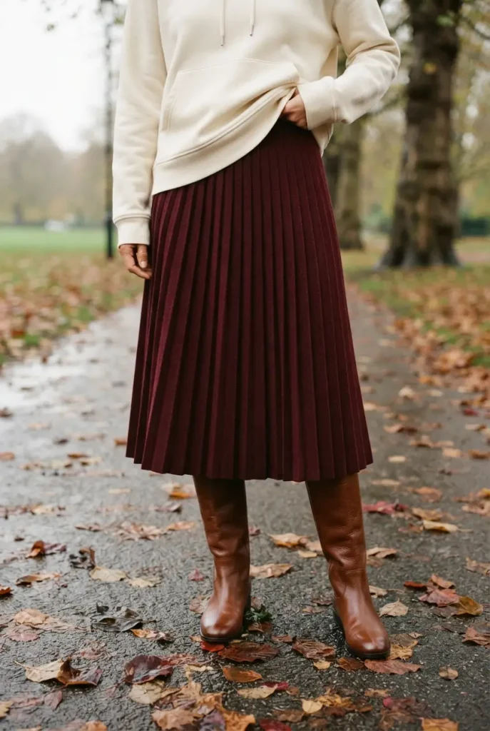Cream hoodie half-tucked into a burgundy pleated midi skirt with knee-high boots