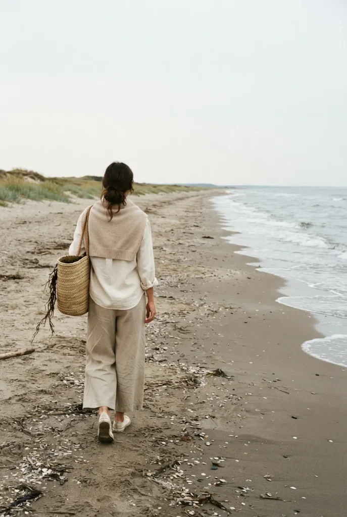 Cream linen shirt and woven tote on an empty autumn beach, a haunted coastal grandmother look.