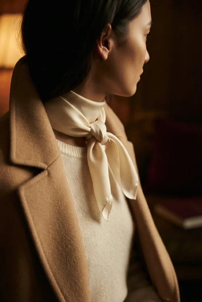 Cream silk scarf tied high at the throat with camel coat, a quiet luxury vampire costume idea.