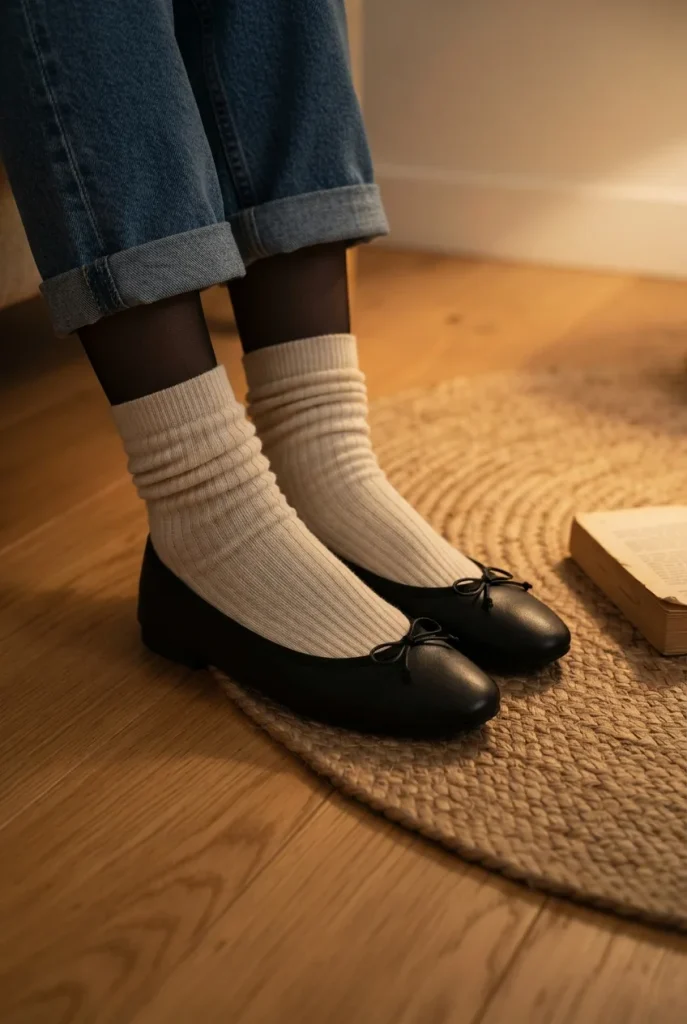 Cream socks over sheer black tights with ballet flats and cropped jeans on a jute rug