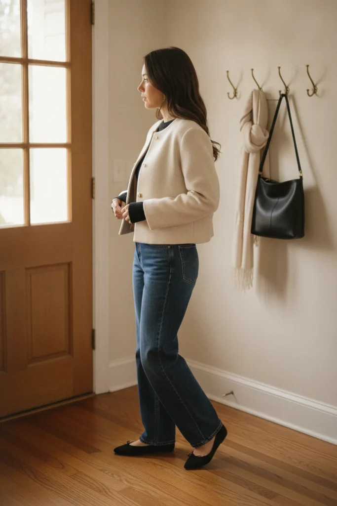 Cropped cream wool jacket with high-rise wide-leg jeans and ballet flats for petite women
