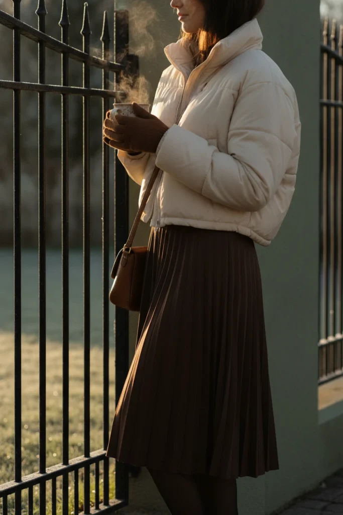 Cropped puffer jacket with a pleated midi skirt and tights on a frosty winter morning