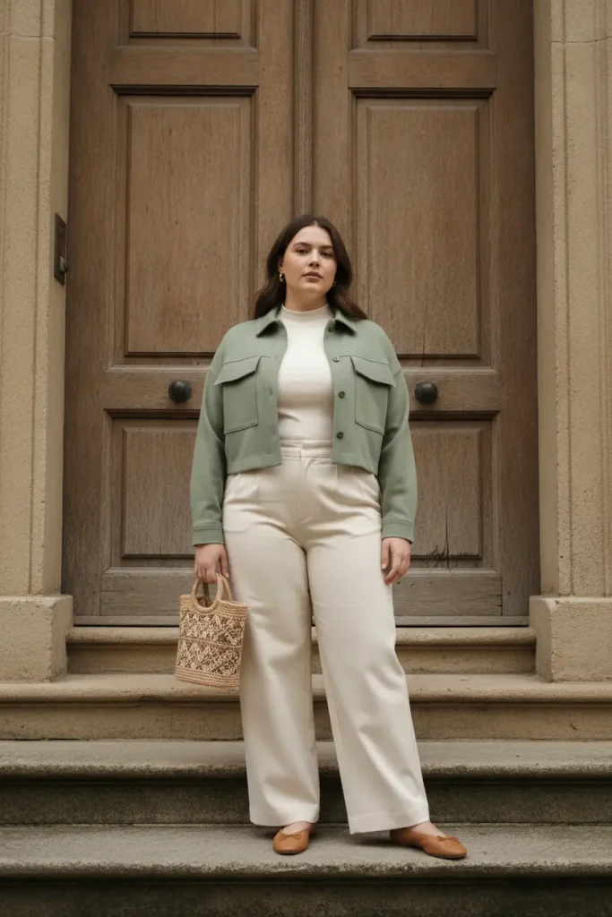 Cropped sage shacket with high-rise cream wide-leg trousers on a curvy frame.