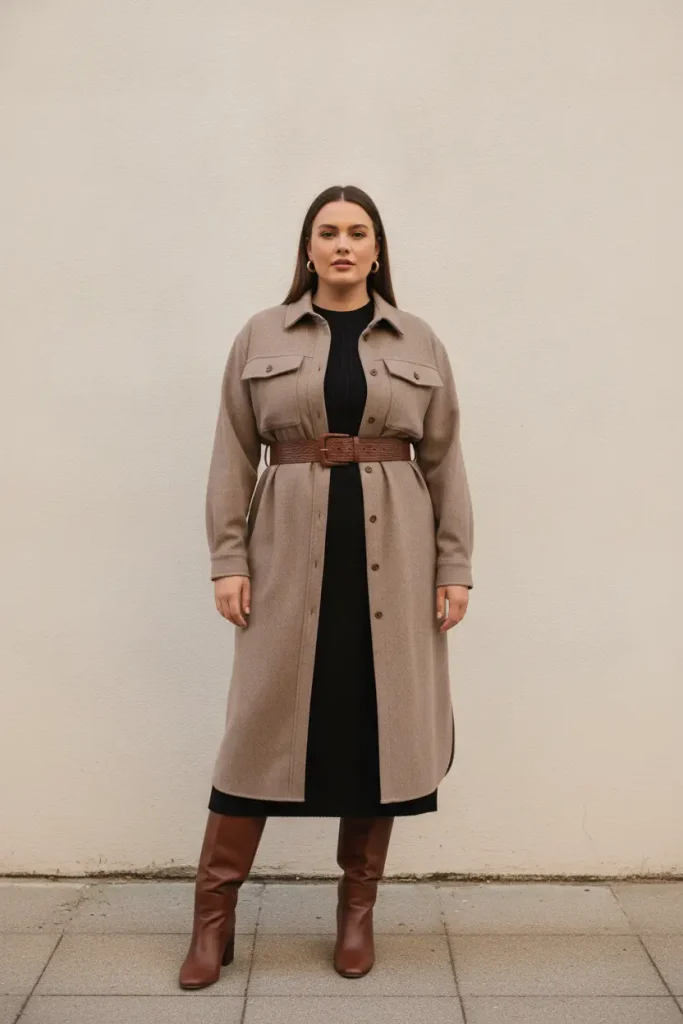 Curvy woman belting a taupe shacket over a black midi dress with tall brown boots.
