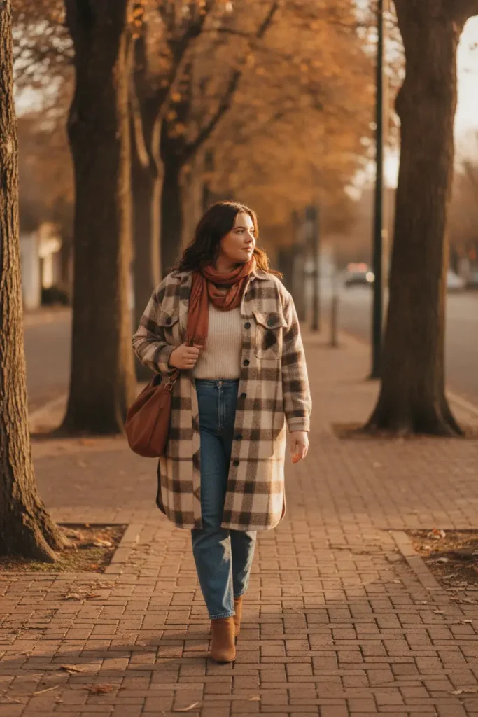 Curvy woman in a camel plaid shacket and straight jeans walking a tree-lined sidewalk in fall. Shacket Outfits for Plus-Size Women