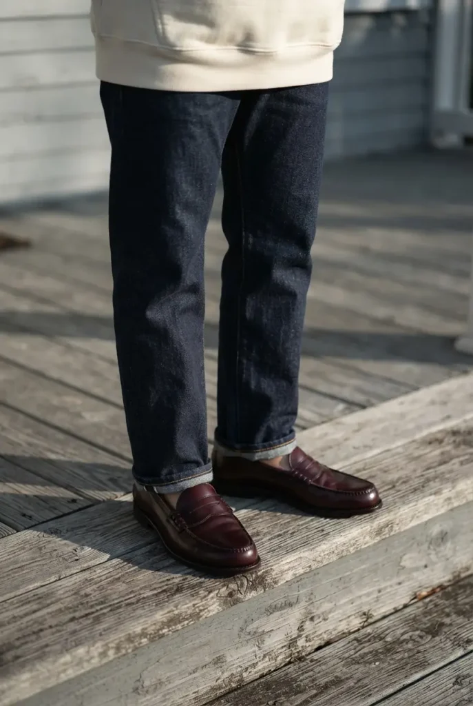 Dark straight-leg jeans and burgundy loafers on a porch step, cream hoodie hem above