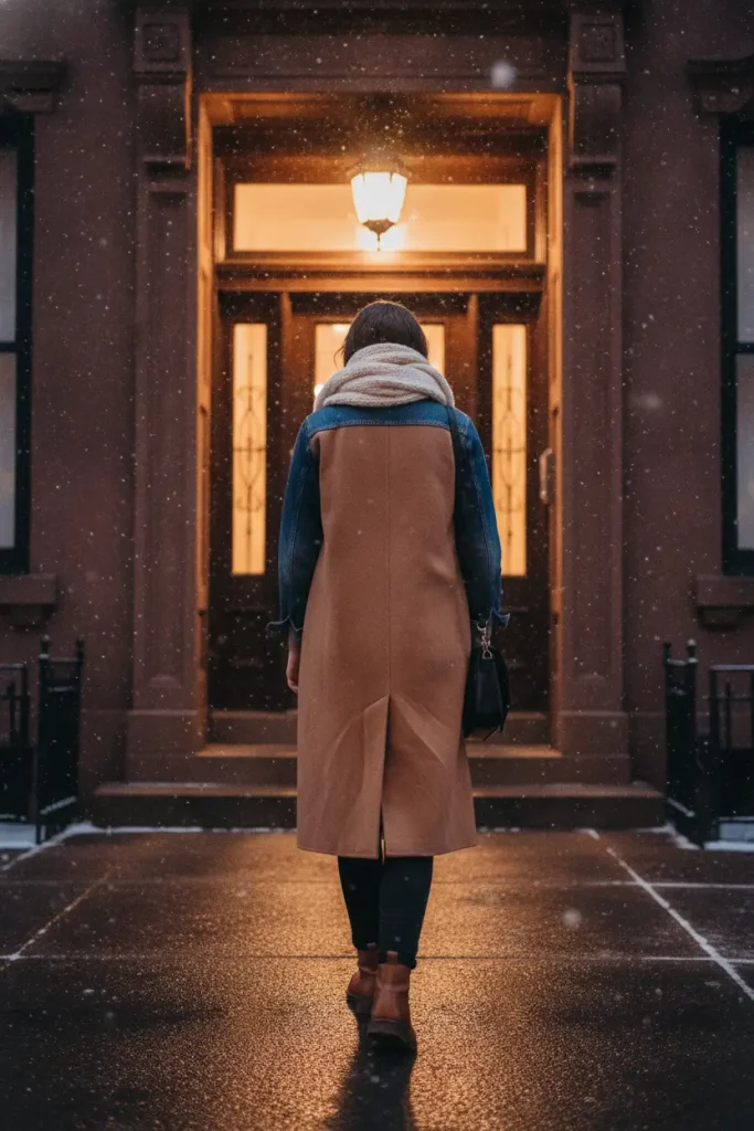 Denim jacket layered under a long camel wool coat for a cold winter jacket outfit