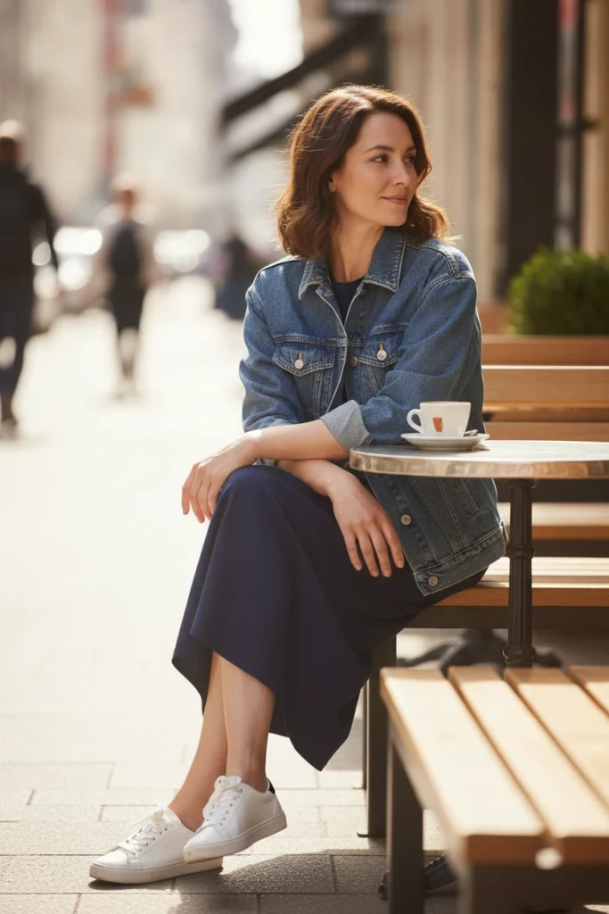 Denim jacket outfit over 50 with a navy midi dress and white sneakers at a sidewalk café