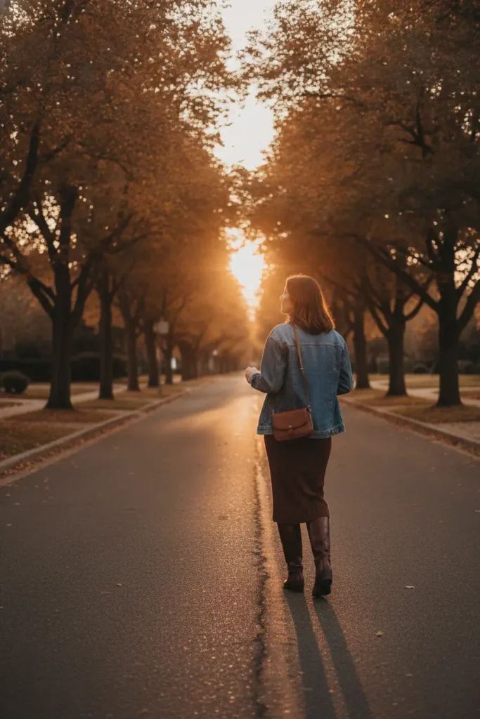 Denim shacket outfit with a ribbed midi skirt and tall brown boots in golden light