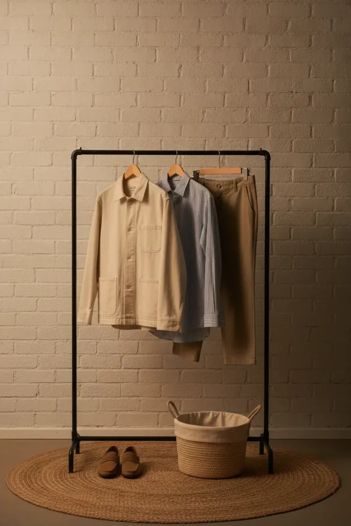 Ecru chore jacket, striped shirt, and cropped trousers on a garment rack, a casual jacket outfit over 50