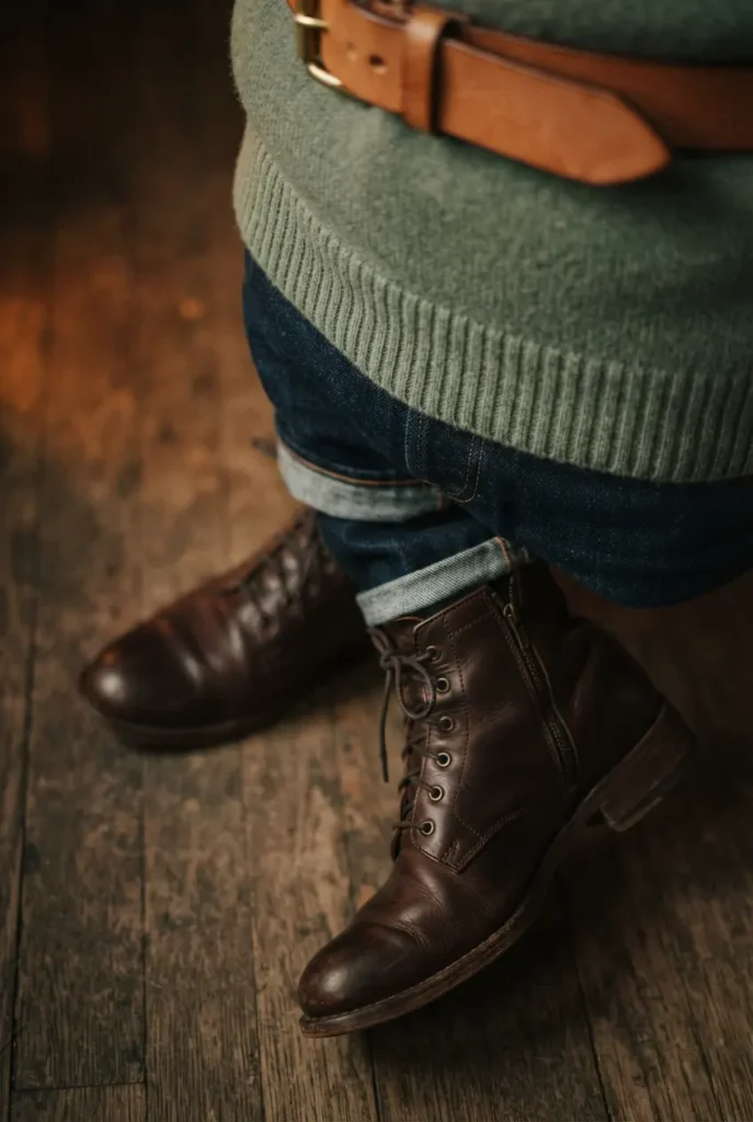 Espresso brown boots with a sage green sweater and dark denim for fall