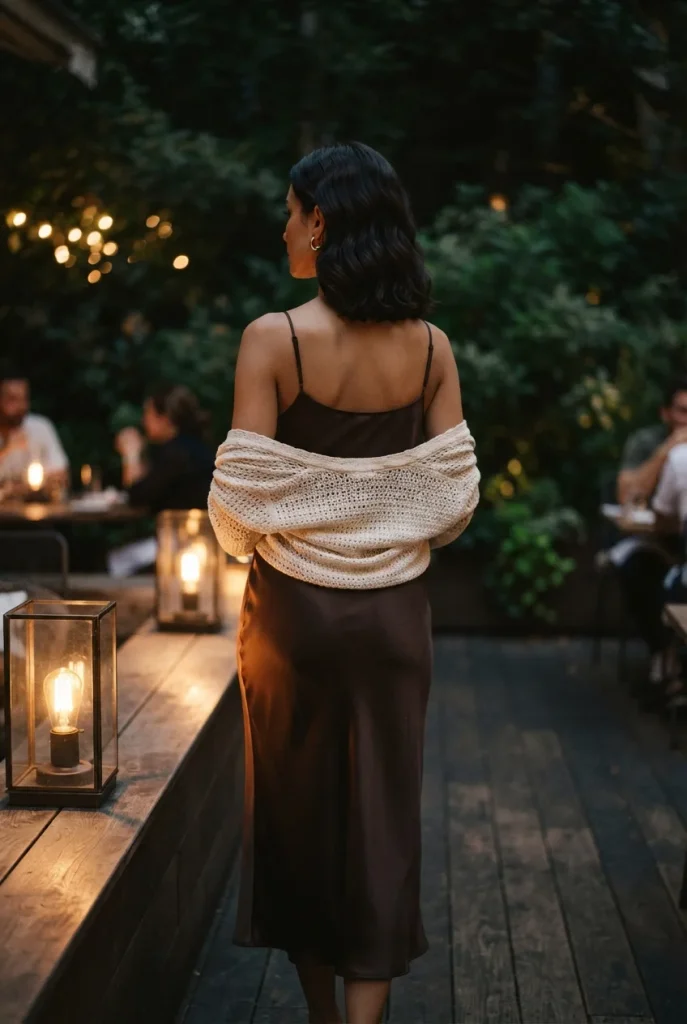 Espresso slip dress with a cream crochet cardigan over the shoulders for a warm fall date night