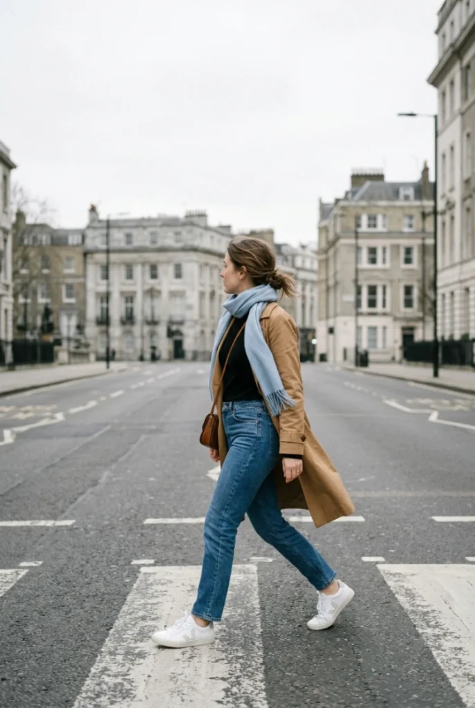 Everyday fall outfit with black long-sleeve, straight jeans, white sneakers and a camel trench