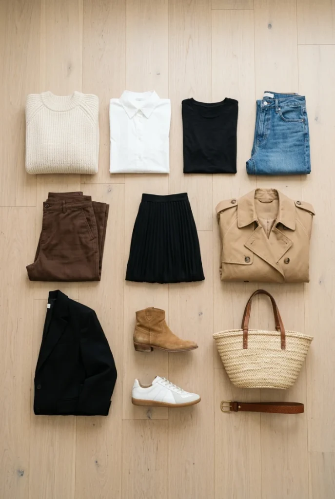Fall capsule wardrobe flat lay in cream, camel and black with jeans, trench, blazer and ankle boots