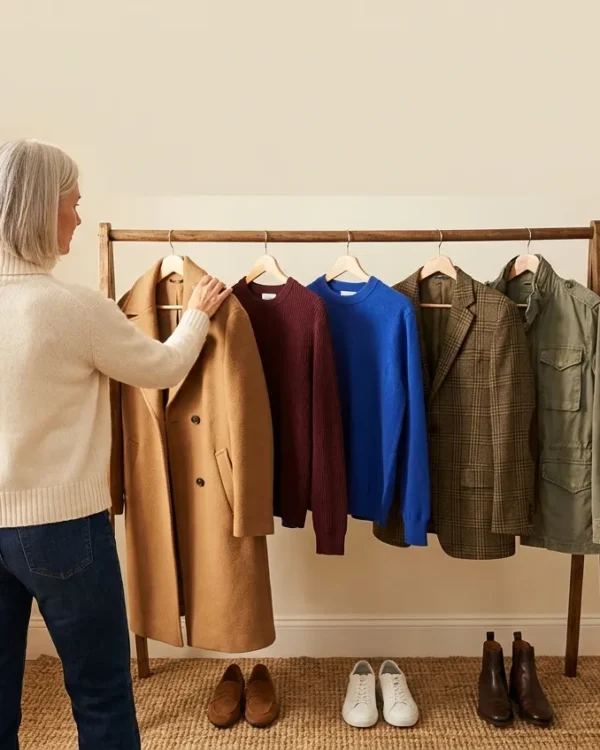 Fall outfits for women over 50: silver-haired woman choosing a camel coat from a rack of fall pieces