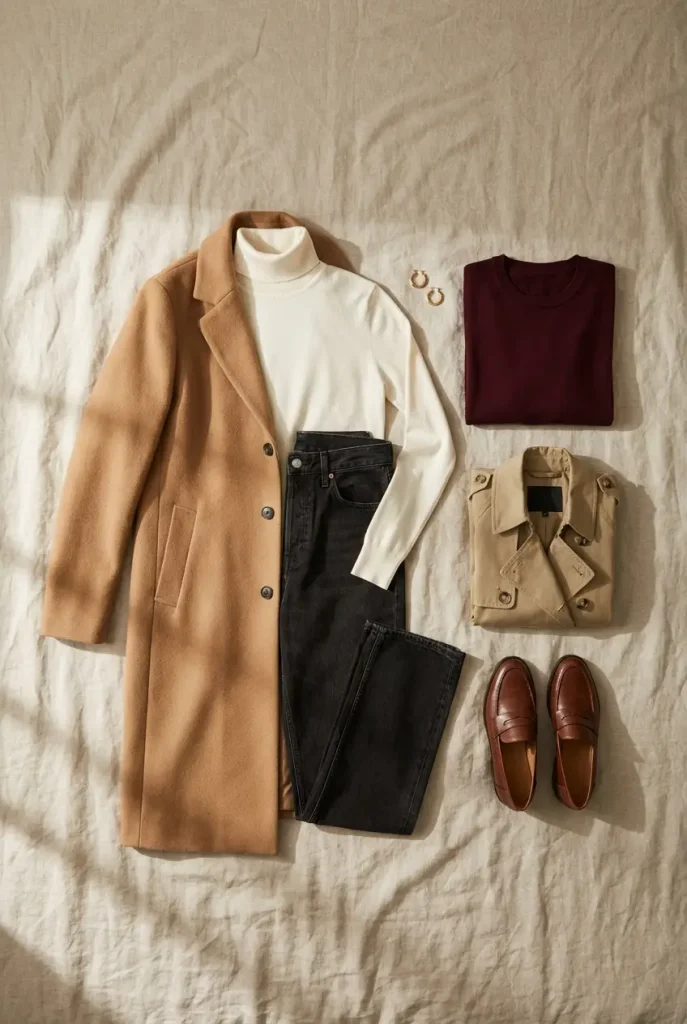 Fall outfits for women over 60 capsule flat-lay with camel coat, cream turtleneck, jeans, loafers and burgundy sweater
