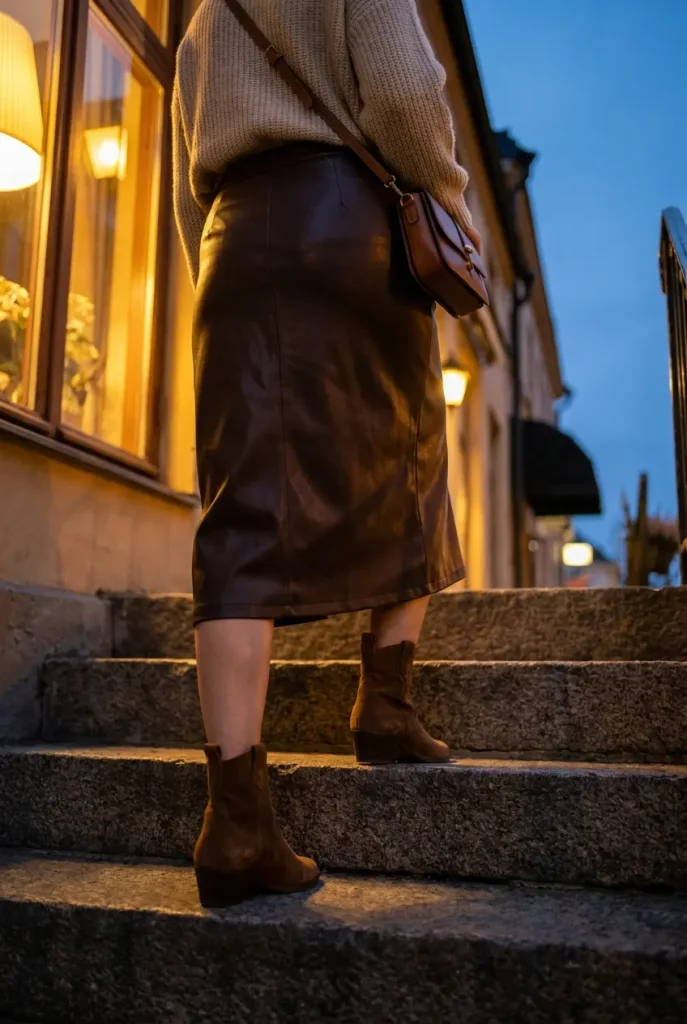 Faux leather midi skirt, chunky knit sweater, and ankle boots for a fall date night Fall Outfits for Women Over 50