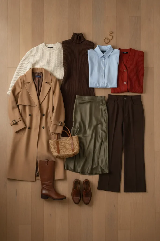 Flat-lay of a 12-piece plus-size fall capsule in camel, brown, cream, olive, and blue on a wood floor