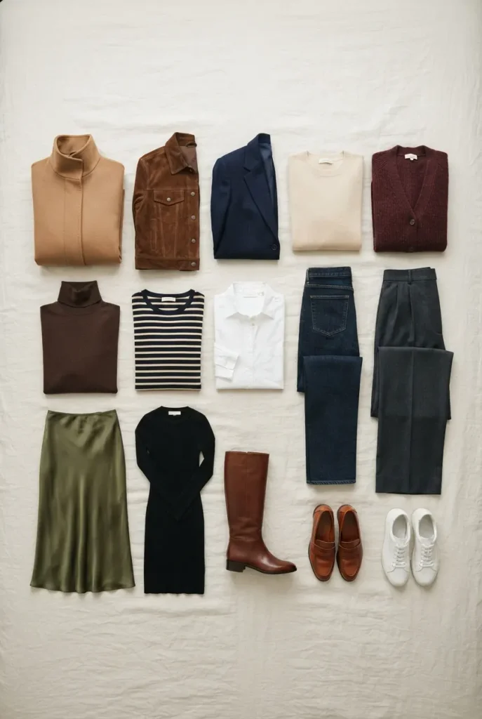 Flat-lay of a 15-piece Fall Outfits for Midsize Women with coats, knits, jeans, a skirt, a dress and boots