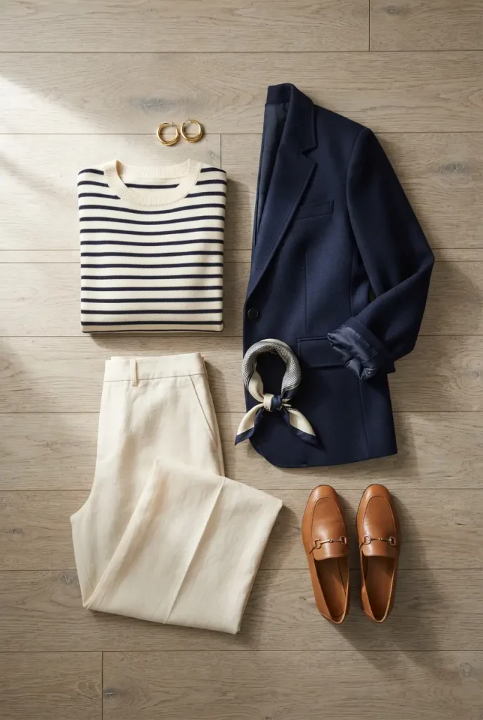 Flat lay of a Breton striped knit and navy blazer deckhand Halloween costume outfit