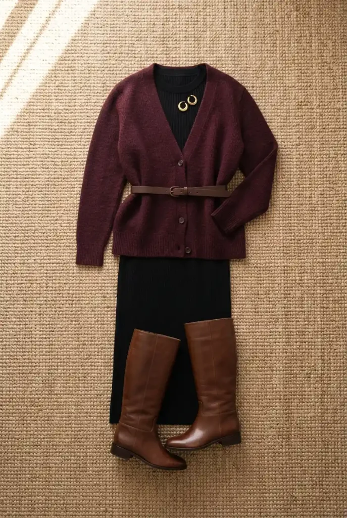 Flat-lay of a black knit midi dress, burgundy cardigan, belt and knee-high boots for a midsize fall church outfit