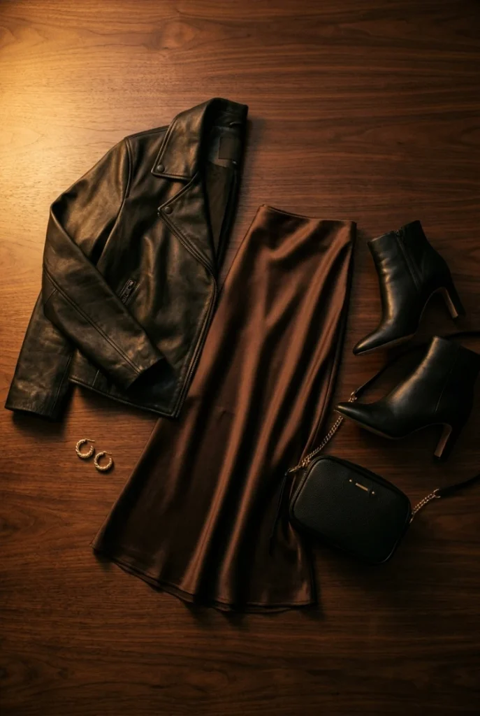Flat lay of a black leather jacket, satin slip skirt, heeled boots and gold hoops for evening