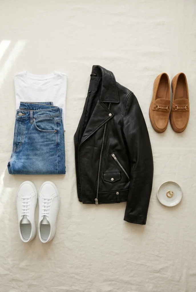 Flat lay of a black leather jacket with white tee, jeans, sneakers and loafers on ivory linen . leather jacket outfits for plus-size women