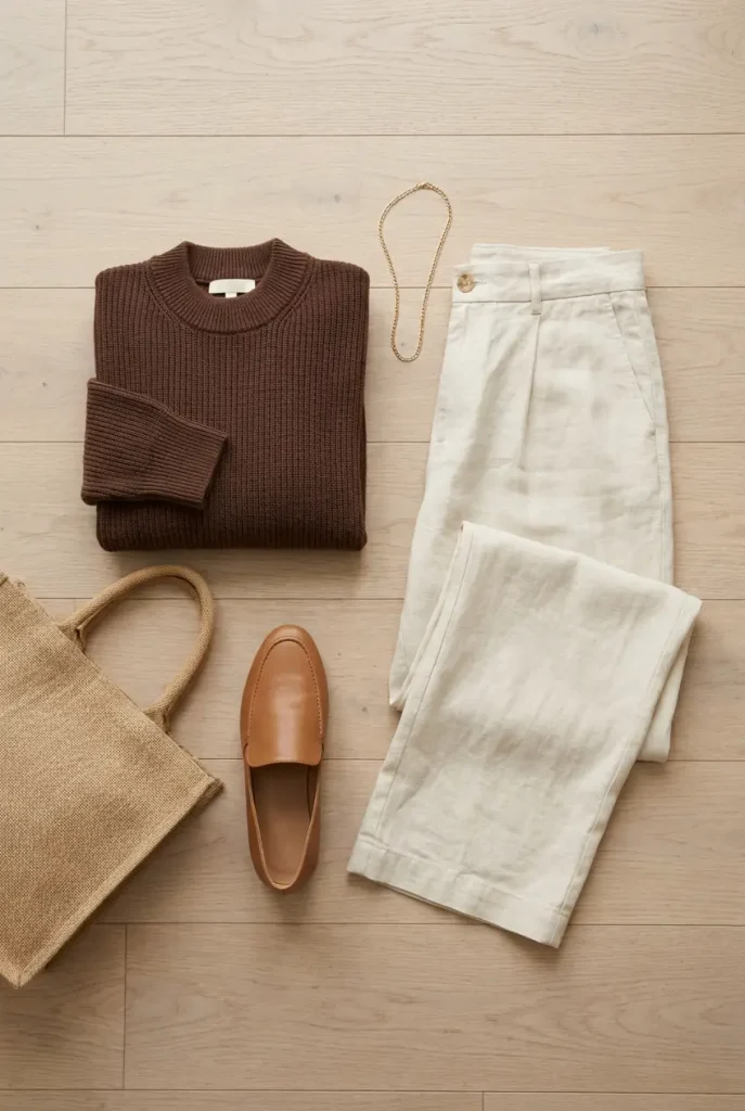 Flat-lay of a brown and cream outfit with chocolate sweater, cream trousers and tan loafers.
