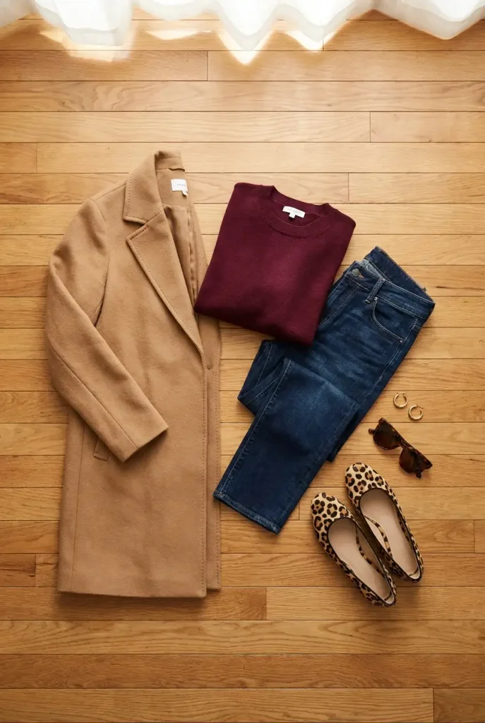 Flat-lay of a camel coat, burgundy sweater, dark jeans, and leopard ballet flats for fall outfits over 50