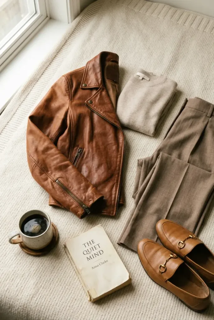 Flat lay of a cognac leather jacket with oat knit, taupe wide leg trousers and tan loafers