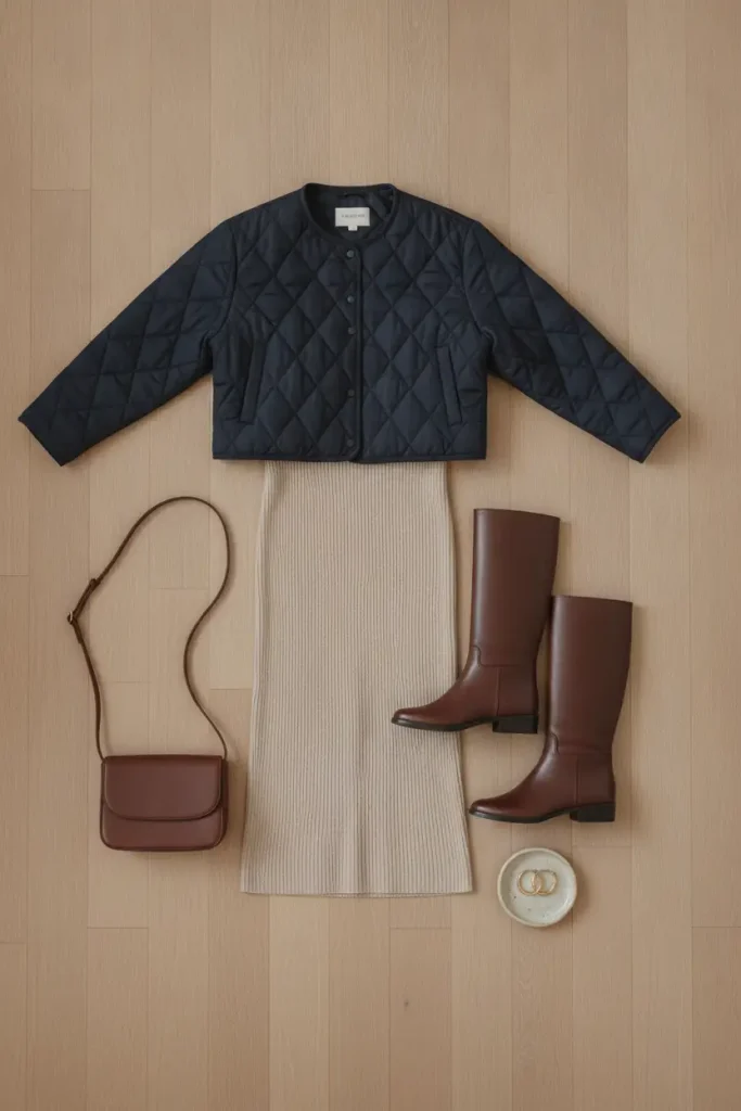 Flat-lay of a cropped quilted jacket, knit midi dress, and tall boots for a fall jacket outfit