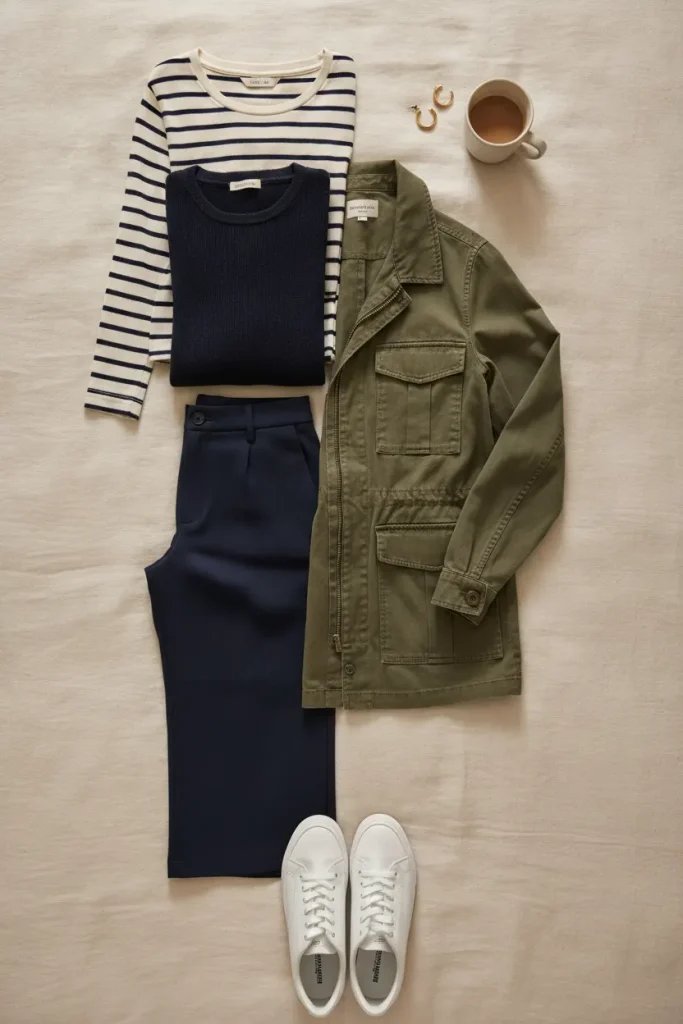 Flat-lay of a layered fall outfit for women over 50: striped tee, navy cardigan, olive jacket, wide-leg trousers