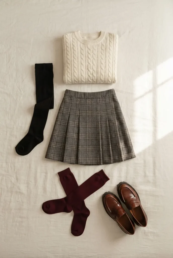 Flat-lay of a plaid skirt, burgundy knee-high socks, black tights, and loafers for fall