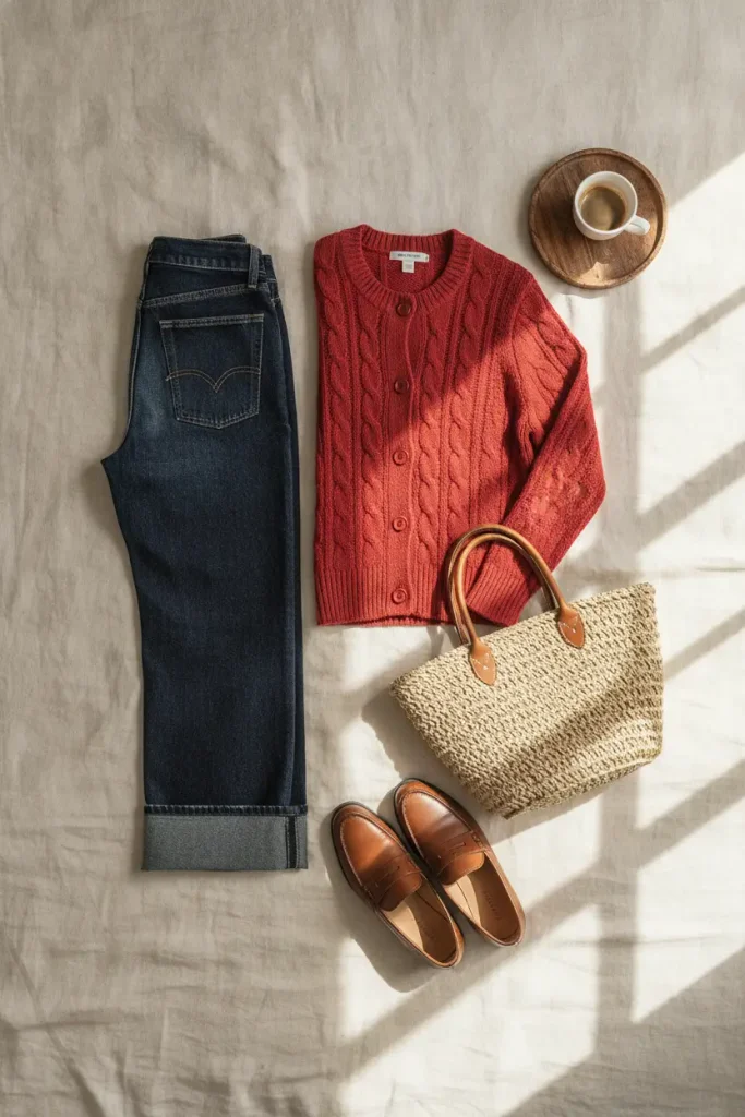Flat-lay of a plus-size fall outfit with a tomato-red cardigan, wide-leg jeans, and brown loafers