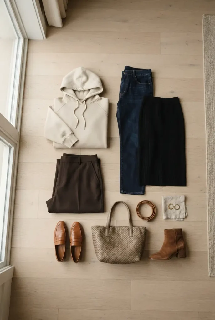 Flat-lay of a plus-size hoodie capsule with trousers, jeans, midi skirt, loafers and boots in neutrals. Hoodie Outfits for Plus-Size Women