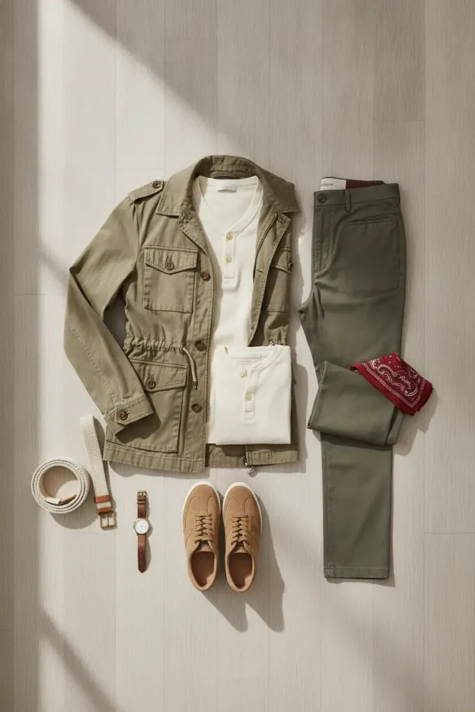 Flat-lay of a plus size jacket outfit with a khaki utility jacket, olive trousers, and cream henley